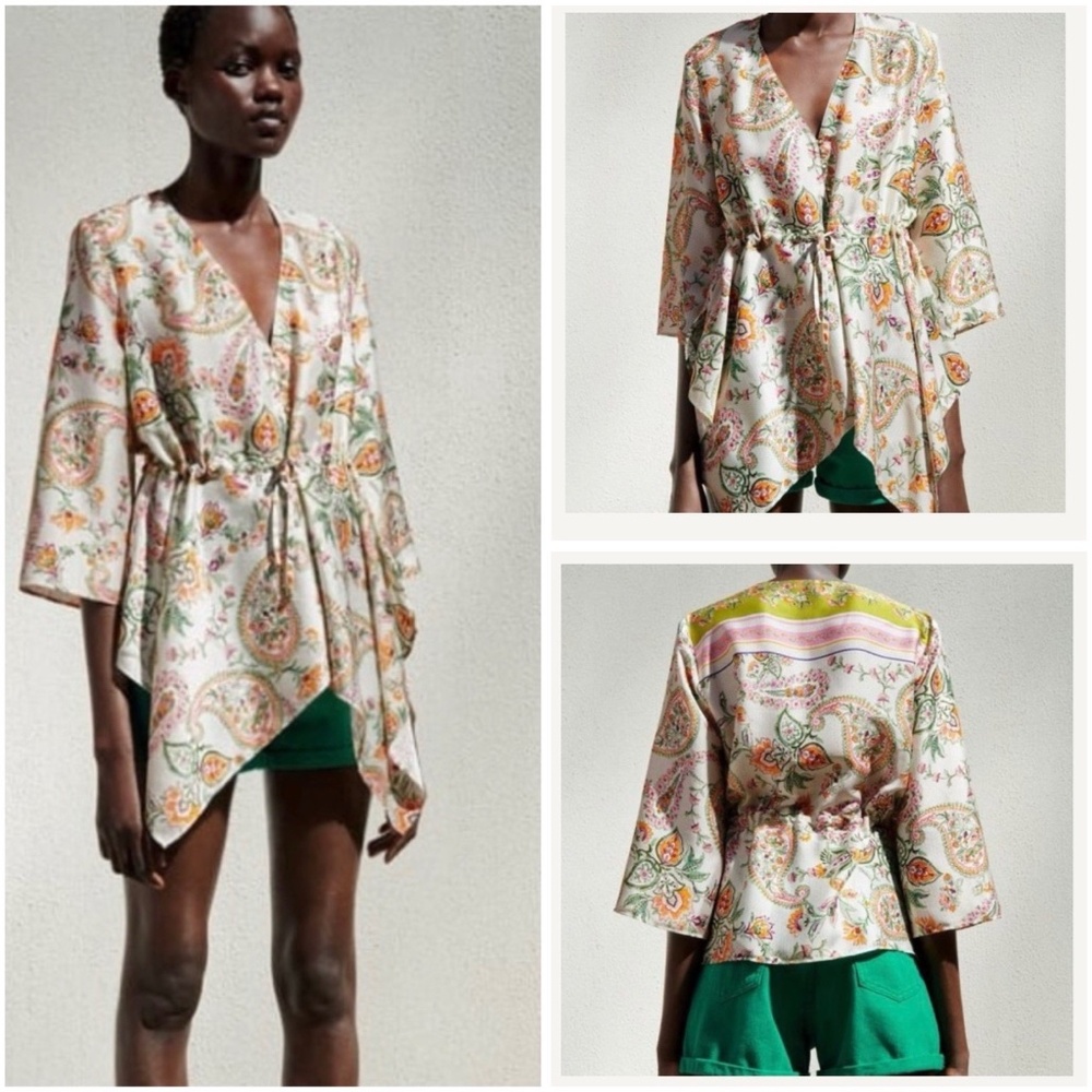 Zara Woman Size L Paisley Floral Boho Tunic Top Tie Waist Handkerchief Hem